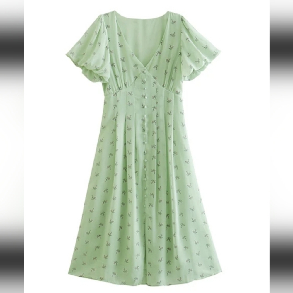By the river Floral button front midi puff short sleeve dress
